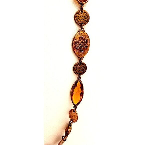 Long 70s Style Hammered Gold Tone Necklace With Amber-Colored Stones Fall Boho - Picture 4 of 8